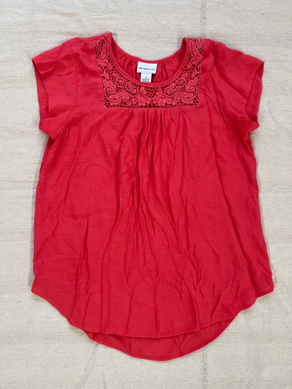 Liz Claiborne Coral Crochet Yoke Short Sleeve Top